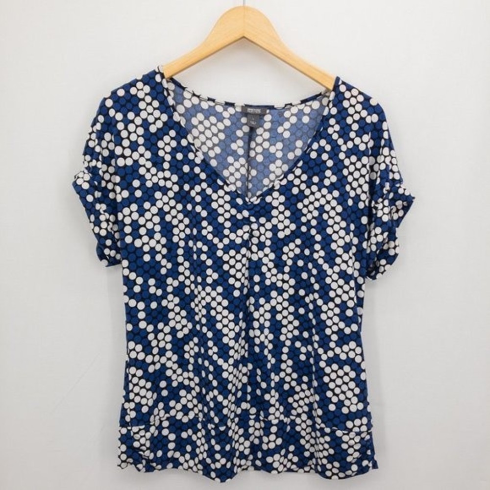 Kenneth Cole Reaction Womens Size L Short Sleeve Top Blue Black White Polka Dots